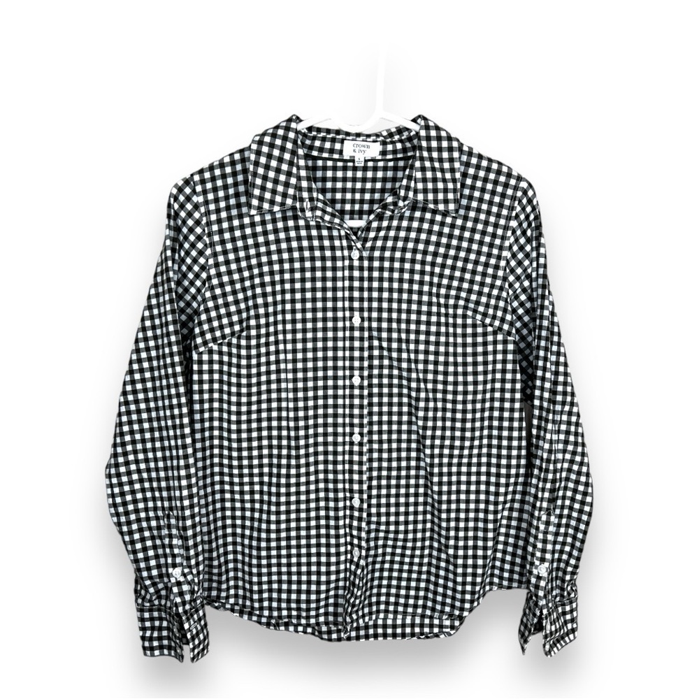 SMALL CROWN AND IVY CHECKERED LONG SLEEVE SHIRT OLIVE GREEN WHITE PLAID PREPPY
